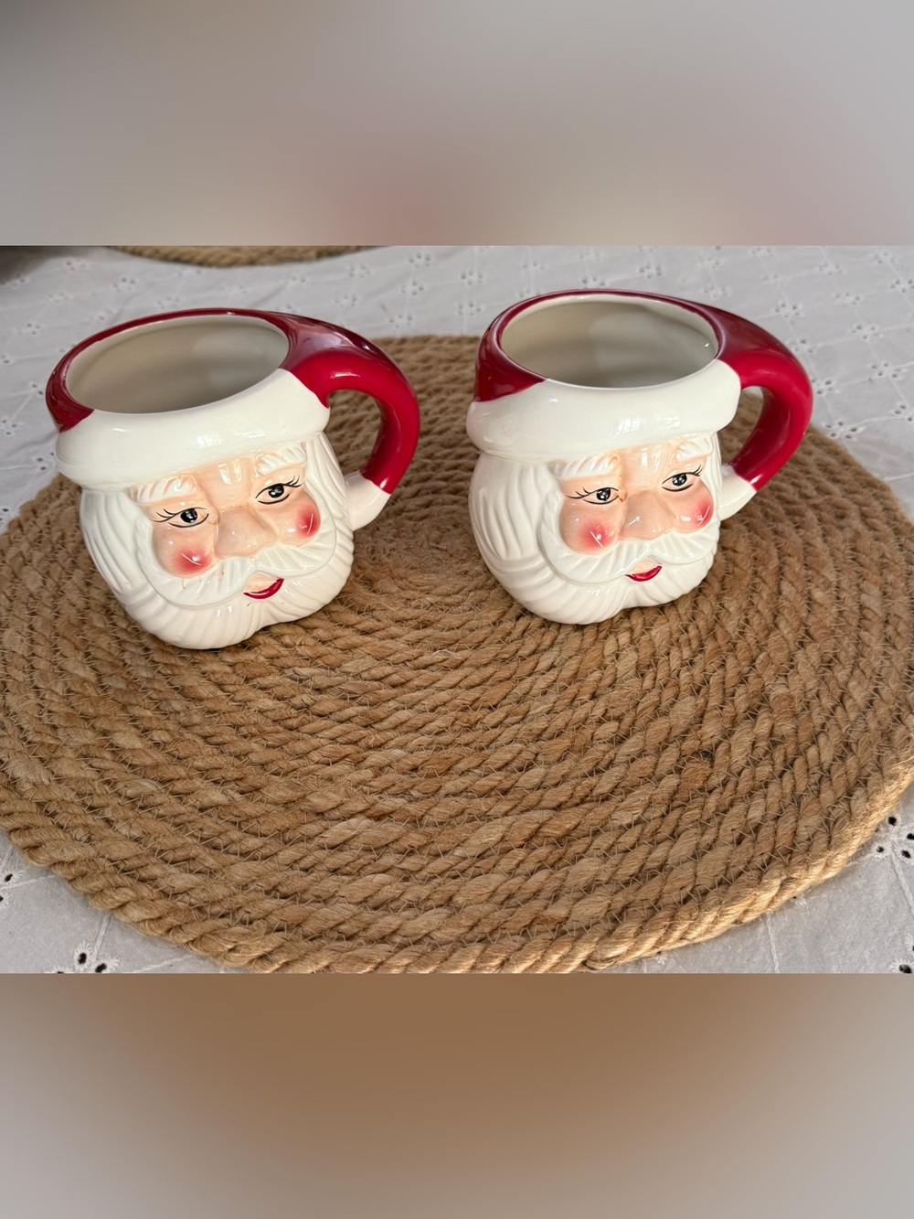 Pottery Barn White Santa Face Ceramic Mug with Red Accent